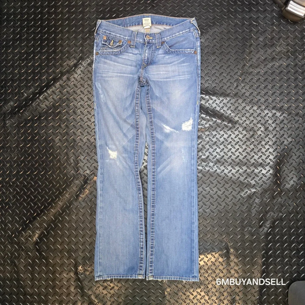 True‎ Religion Ricky Straight Leg Jeans Mens 34 Light Wash Distressed USA Y2K